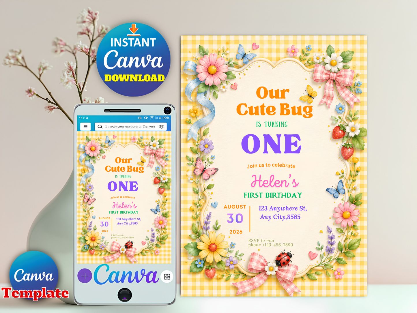 Our Cute Bug Birthday Invitation, Bug Birthday Party Invite, Butterfly Ladybug Garden Party, Any Age Birthday, Editable Canva Template