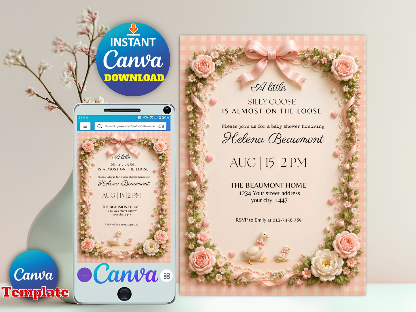 Silly Goose Baby Shower Invitation Girl, Pink Coquette Bow Goose Invite, A Little Silly Goose Is Almost On The Loose, Editable Canva Template Download