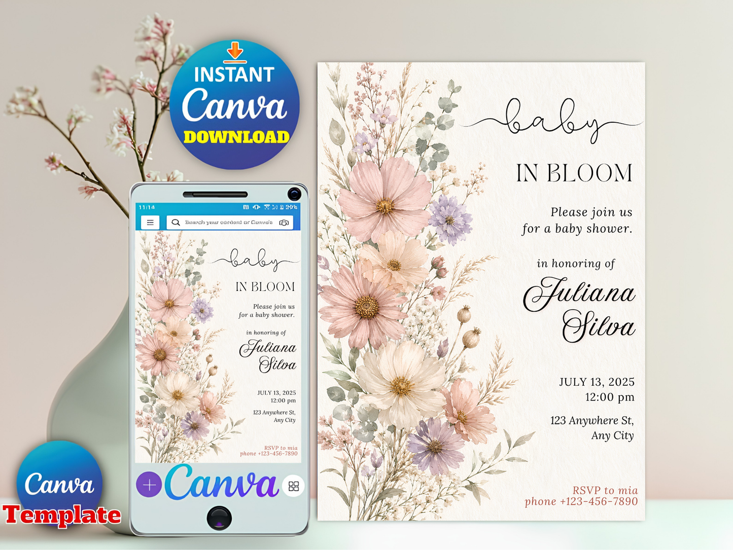 Baby in Bloom Invitation, Wildflowers Baby Shower Invitation, Purple Pink Flower Invitation,Wild Flower Invite, Floral Baby Brunch Invite
