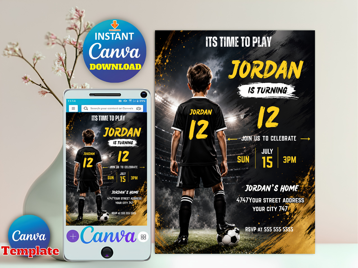Soccer Birthday Invitation, Boys Sports Party Digital Invite, Football Party Evite, Soccer Invitation, Sports Theme, Editable Canva Template
