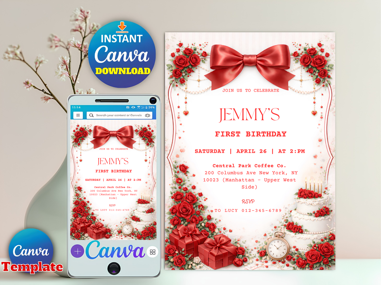 Editable Vintage Rose Elegant Coquette Pink Bow Floral Birthday Invitation Template