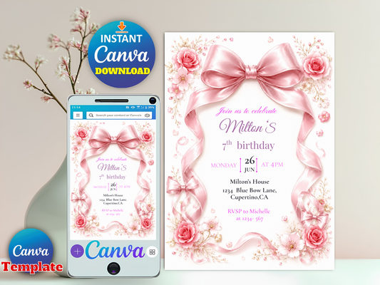 Pink floral birthday invitation template shown as a large card design and a phone mockup preview, with Canva branding and an 'Instant Canva Download' badge.
