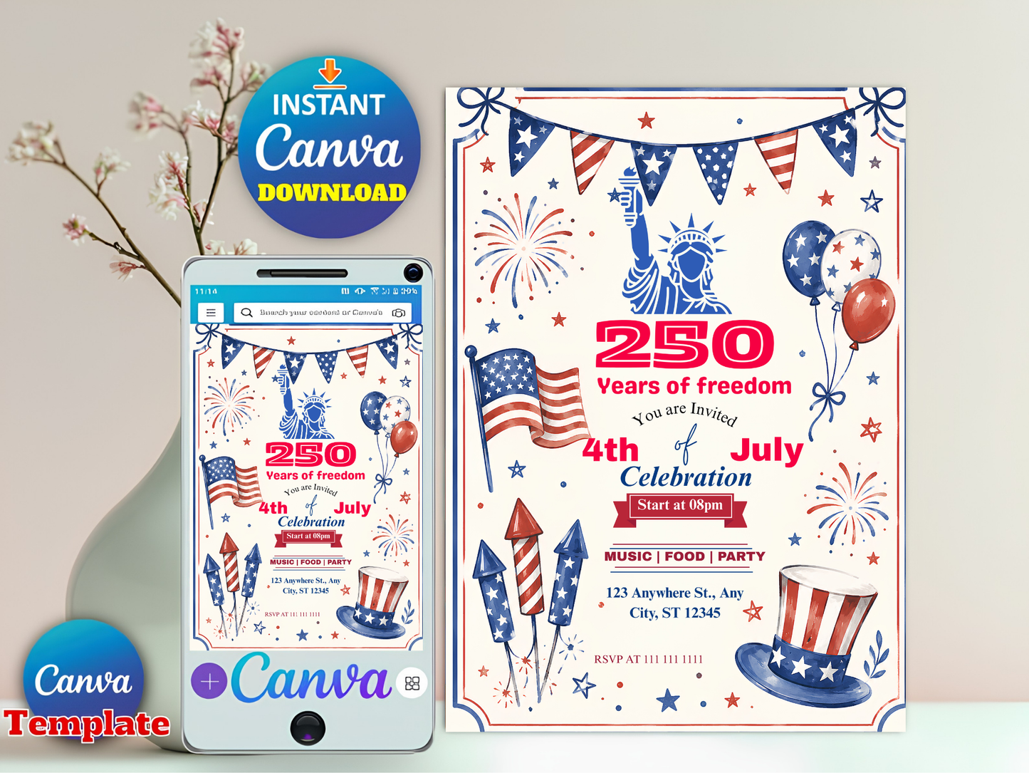 America 250th Anniversary Invitation Template, 4th of July Party Invitation, USA Patriotic Red White Blue BBQ Invite Editable Canva Invite