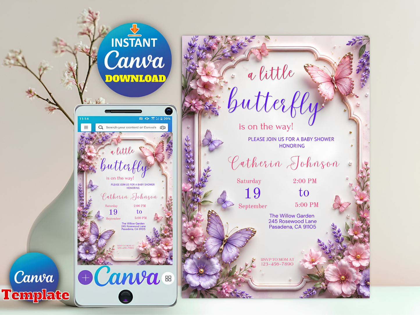 Editable Butterfly Baby Shower Invitation, Baby Shower Invite, Butterfly Invitation, Canva Template, Instant Download