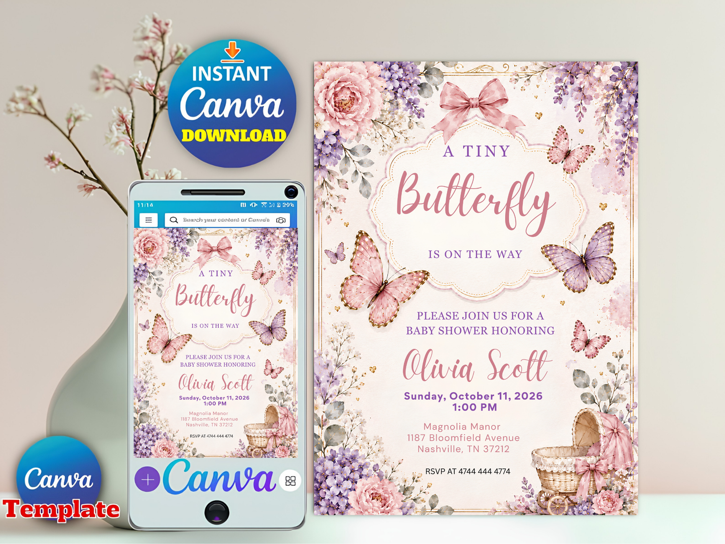 A Tiny Butterfly Baby Shower Invitation Canva Template, Floral Girl Shower Invite, Pink Purple Editable Butterfly Baby Shower Invitation