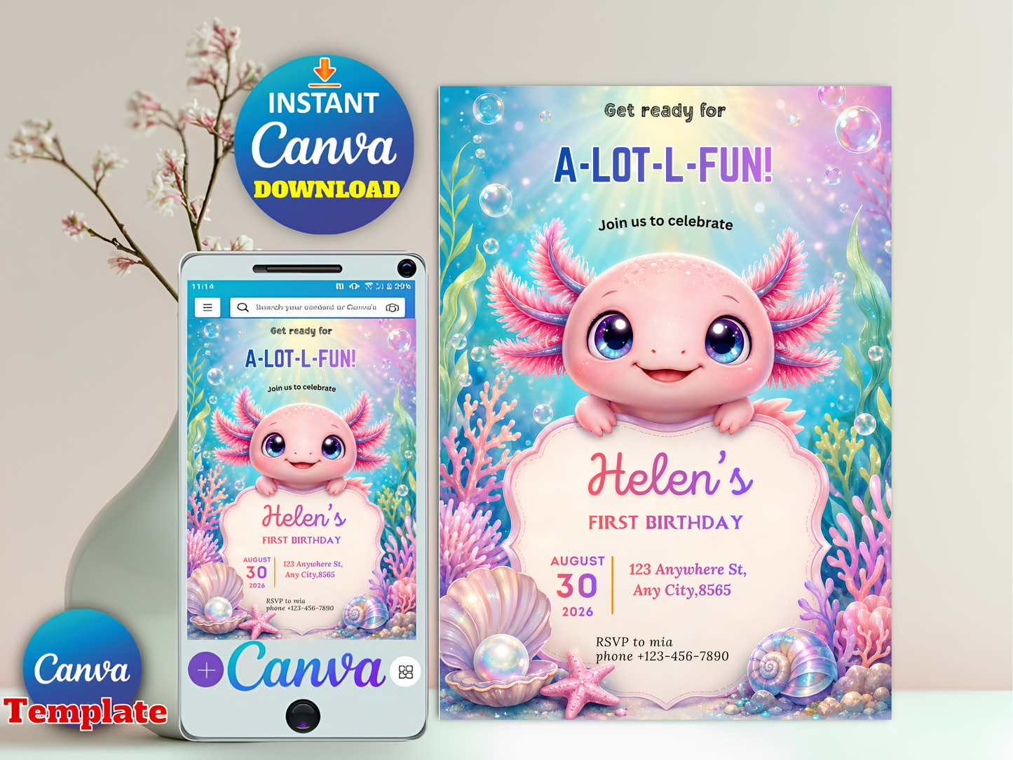 Axolotl Birthday Invitation Girl, A-Lot-L-Fun Underwater Invite, Cute Pink Axolotl 1st Birthday Canva Template Digital Download