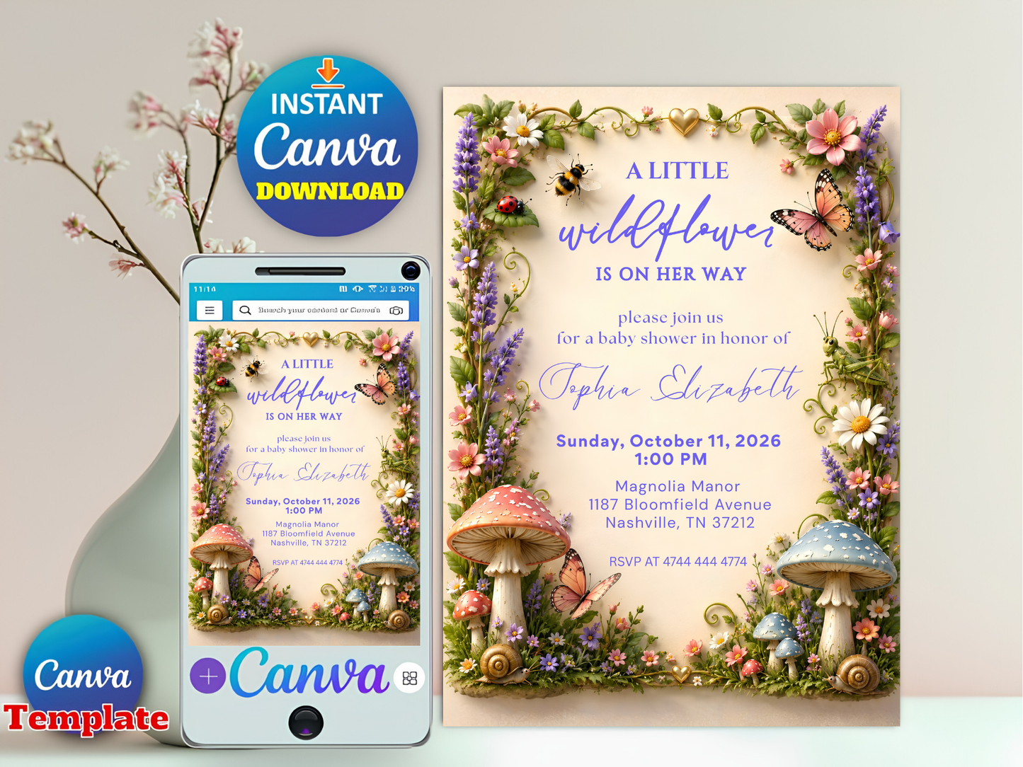 Love Bug Baby Shower Invitation, Spring Garden Shower Invite, Whimsical Floral Baby Shower Invitation, Editable Baby Shower Canva Template