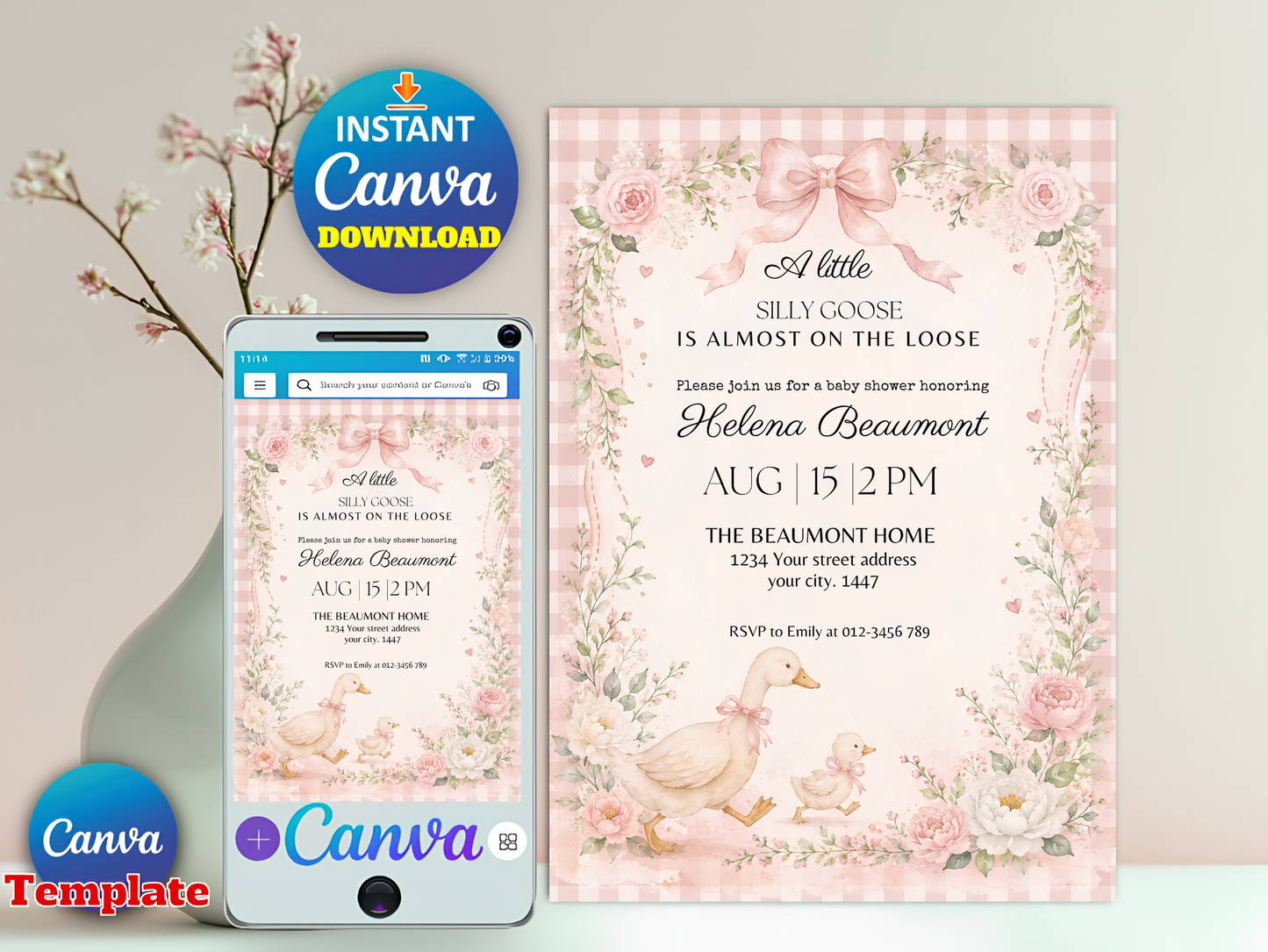 Silly Goose Baby Shower Invitation Template, Pink Gingham Girl Baby Shower Invite, Silly Goose Invite, Digital Invitation, Canva