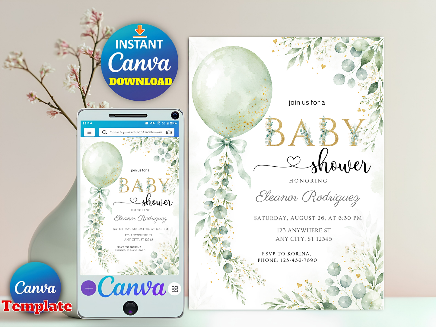 Greenery Baby Shower Invitation Editable Template, Sage Green Balloon Eucalyptus Invite, Gold Glitter Baby Shower, Canva Template