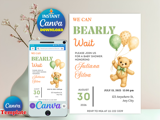 We Can Bearly Wait Baby Shower Invitation | Watercolor Teddy Bear, Sage Balloons | Digital Download | Prints