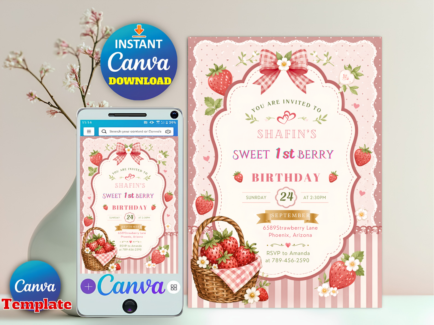 Strawberry Birthday Invitation, Berry First Birthday Invitation, Strawberry Thank You Tags (Digital Download)