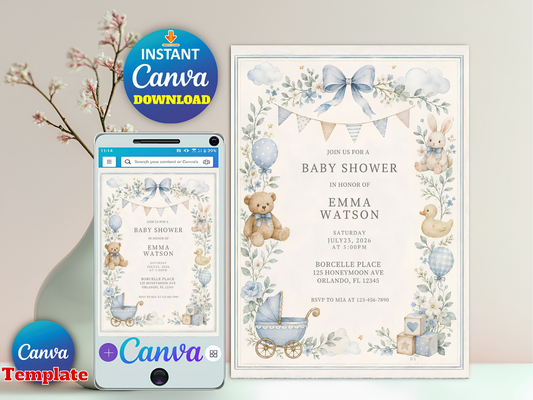 Blue Baby Shower Invitation Template, Vintage Nursery Toys Invite, Teddy Bear Rocking Horse, Floral Editable Printable Download