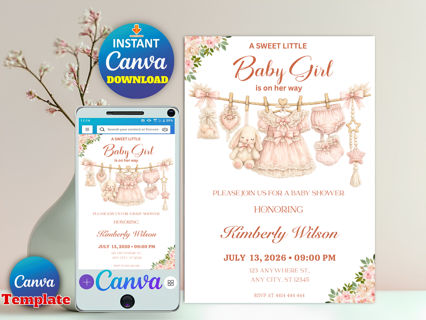 Boho Girl Clothesline Baby Shower Invitation, Boho Baby Clothes Invitation, Instant Download, Digital Template, Editable Canva