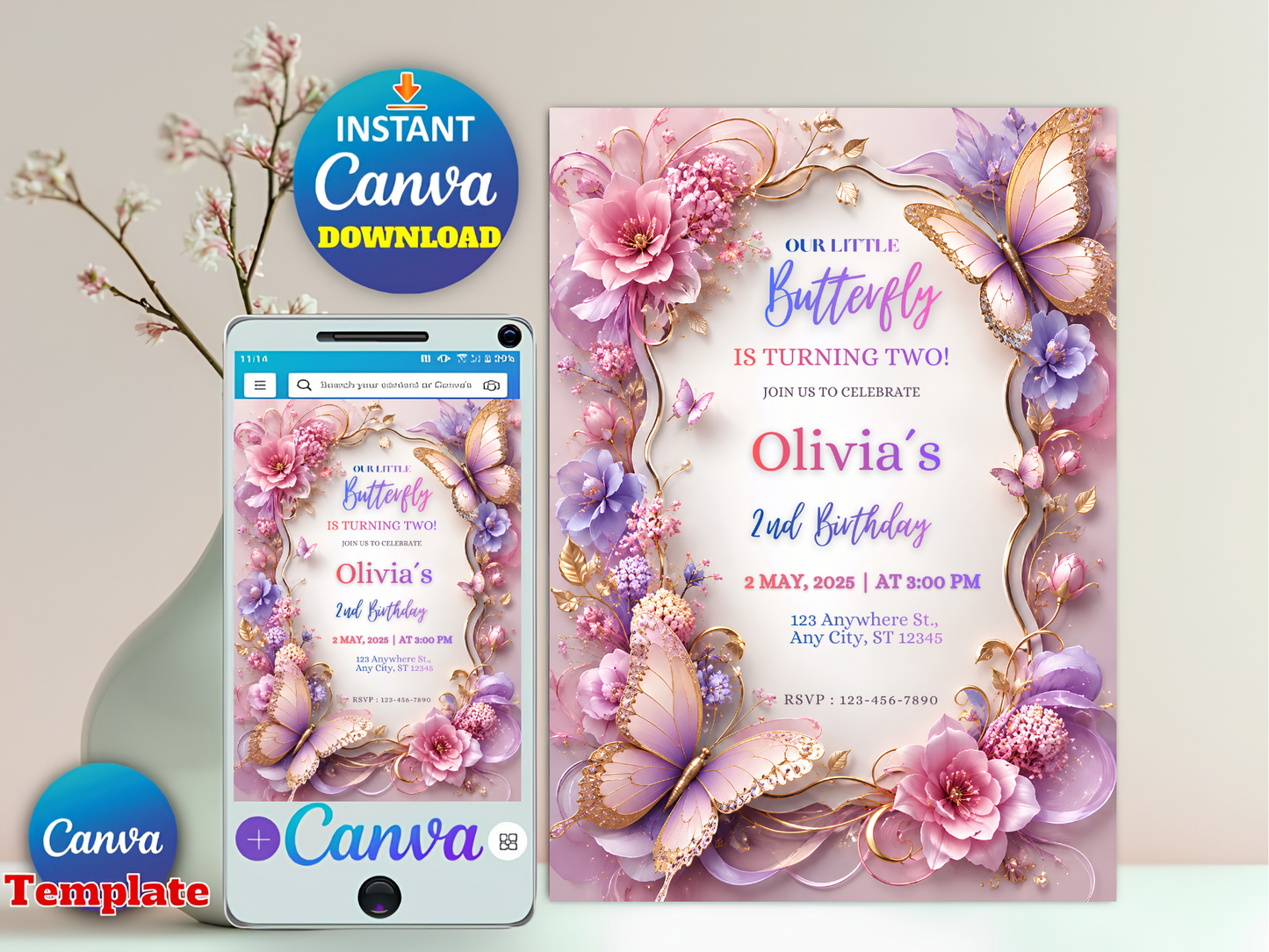 A digital invitation template preview for a butterfly-themed second birthday, shown as a large vertical card and a mobile phone mockup. The design features pastel pink and purple flowers, gold butterflies, and a decorative frame with the text 'Our Little Butterfly Is Turning Two! Olivia's 2nd Birthday'.