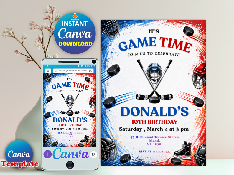 Ice Hockey Birthday Party Invitation, Ice-Skating Invite, Double Sided Winter Skating, Kids Hockey Bday Party Printable, Editable Canva
