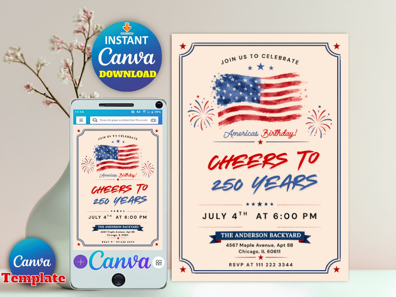 Editable America 250th Semiquincentennial 4th of July Invitation Template | Cheers to 250 Years Party Invite Canva