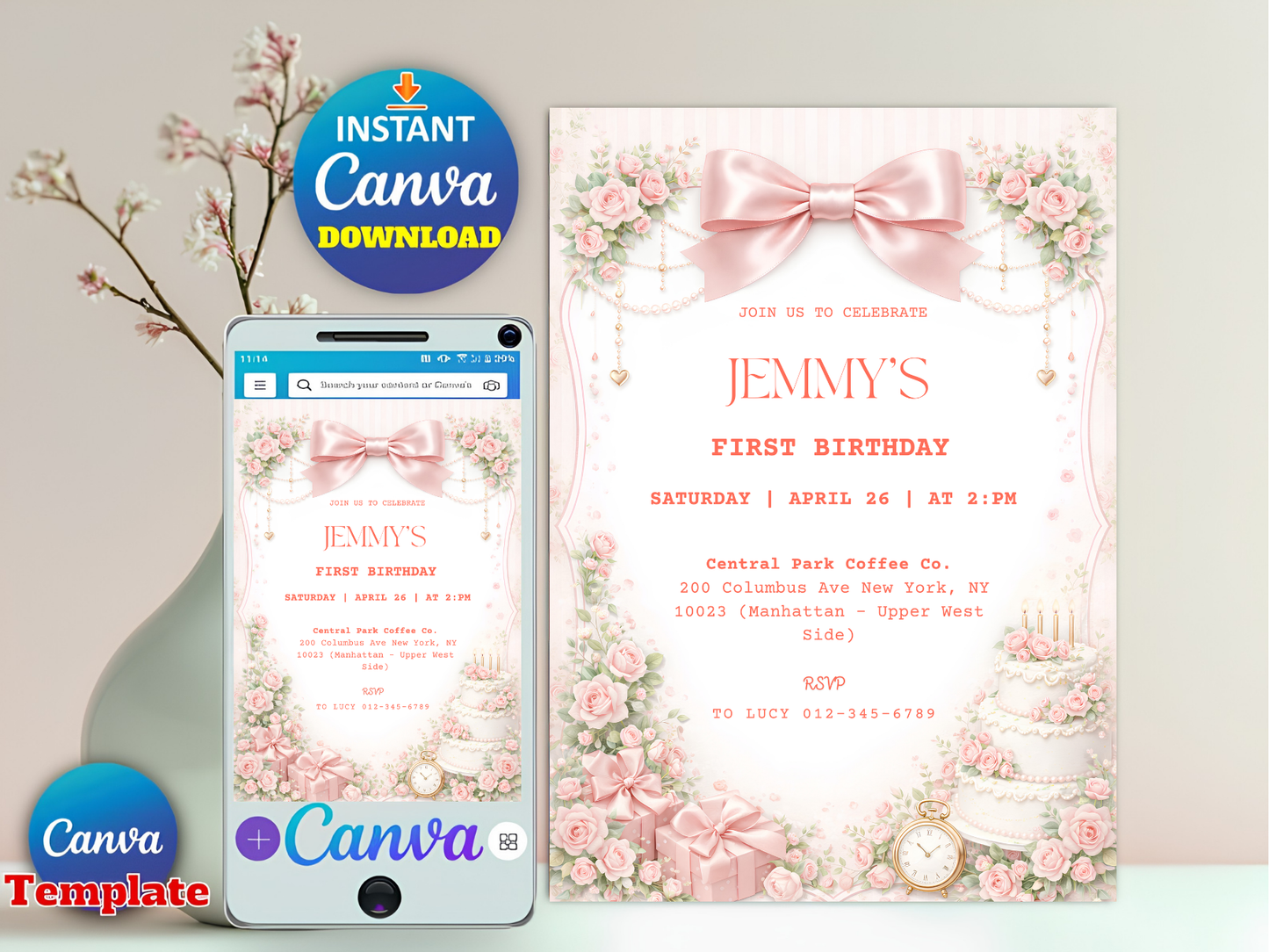 Editable Elegant Pink Rose 1st Birthday Invitation Template | Coquette Pink Bow Party Invite (Degital Template)