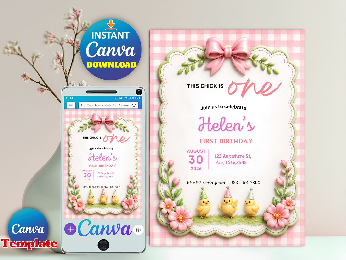 This Chick Is One Invitation – Baby Chick Girl 1st Birthday Editable Canva Template