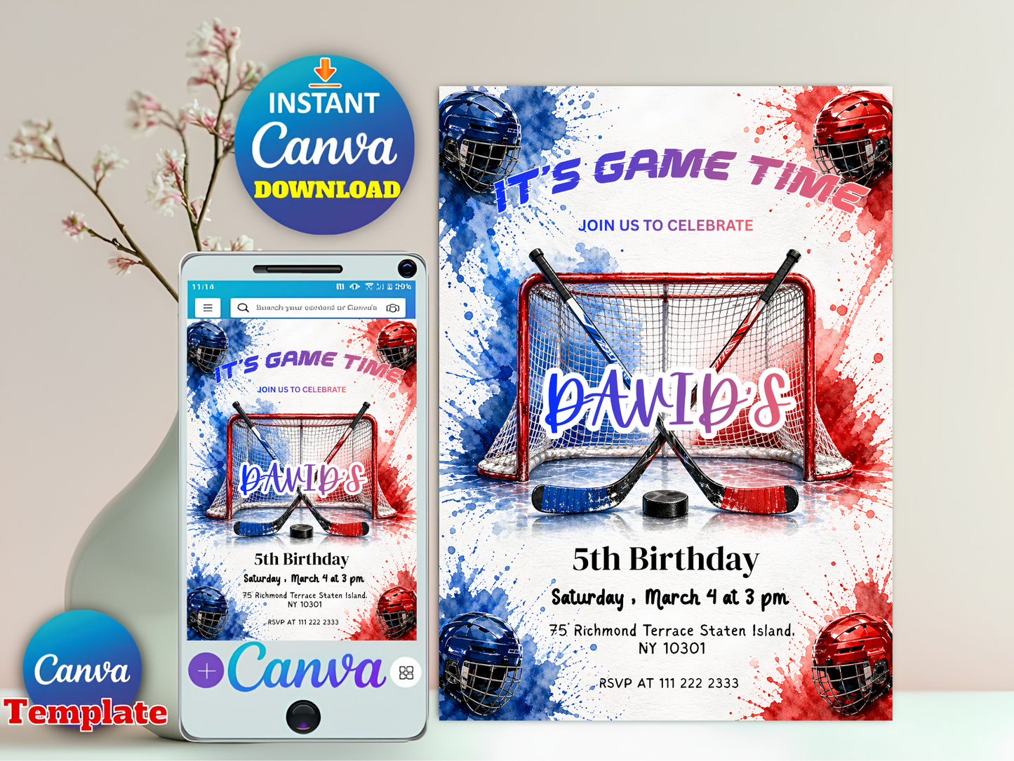 Hockey Birthday Invitation, Ice Hockey Party Invite, Printable Sports Theme, Editable Digital Download, Canva Template