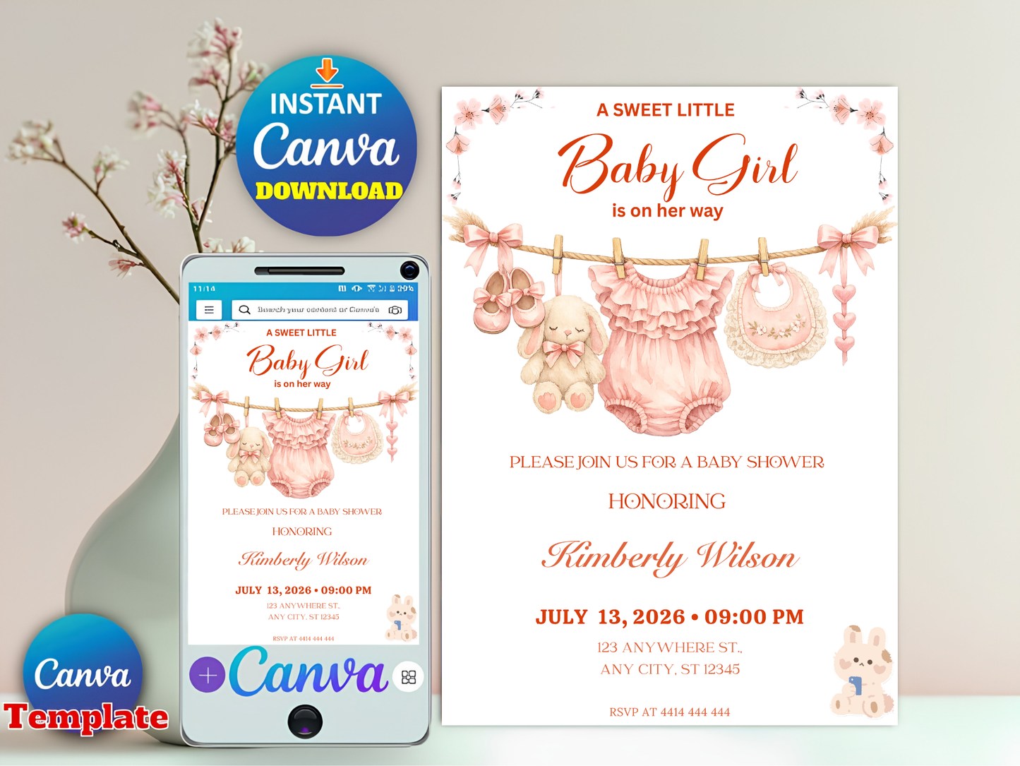 Pink Baby Clothes Sweet Baby Girl Invitation, Pink Floral Clothesline Invite, A Sweet Baby Girl is on Her Way Baby Shower, Editable Canva