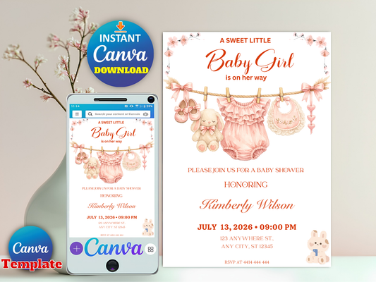 Pink Baby Clothes Sweet Baby Girl Invitation, Pink Floral Clothesline Invite, A Sweet Baby Girl is on Her Way Baby Shower, Editable Canva