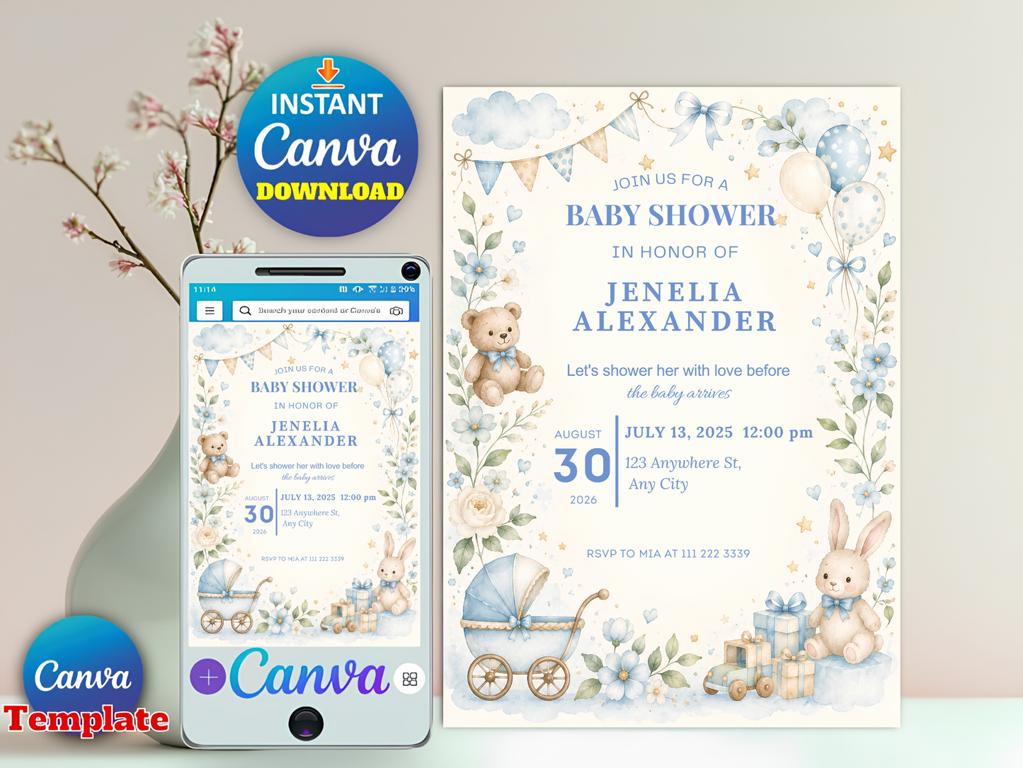 Blue Baby Shower Invitation Template, Vintage Nursery Toys Invite, Teddy Bear Rocking Horse, Floral Editable Printable Download