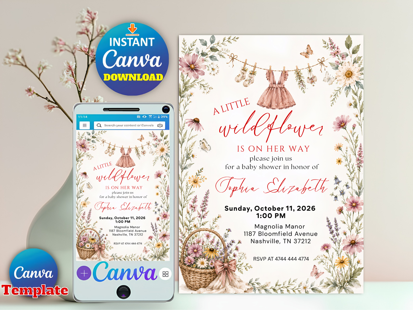 A Little Wildflower Baby Shower Invitation, Dress Wildflower Baby Shower Invite, Baby in Bloom, 5x7", Canva Template