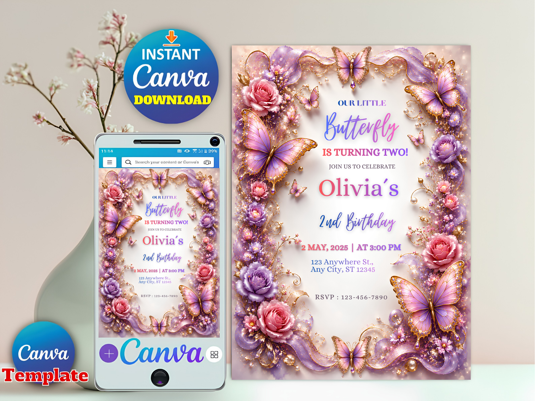 A digital invitation template design shown on a phone mockup and as a full card layout, featuring pastel purple butterflies, pink roses, and gold glitter-style borders. Promotional badges read 'Instant Canva Download' and 'Canva Template'.