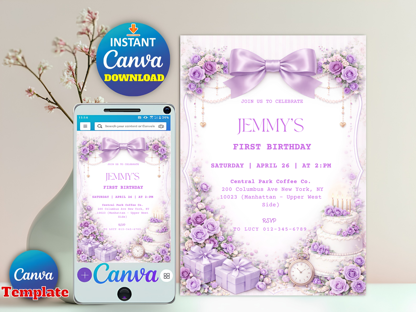 Editable Elegant Purple Rose 1st Birthday Invitation Template | Coquette Purple Bow Invite (Degital Template)