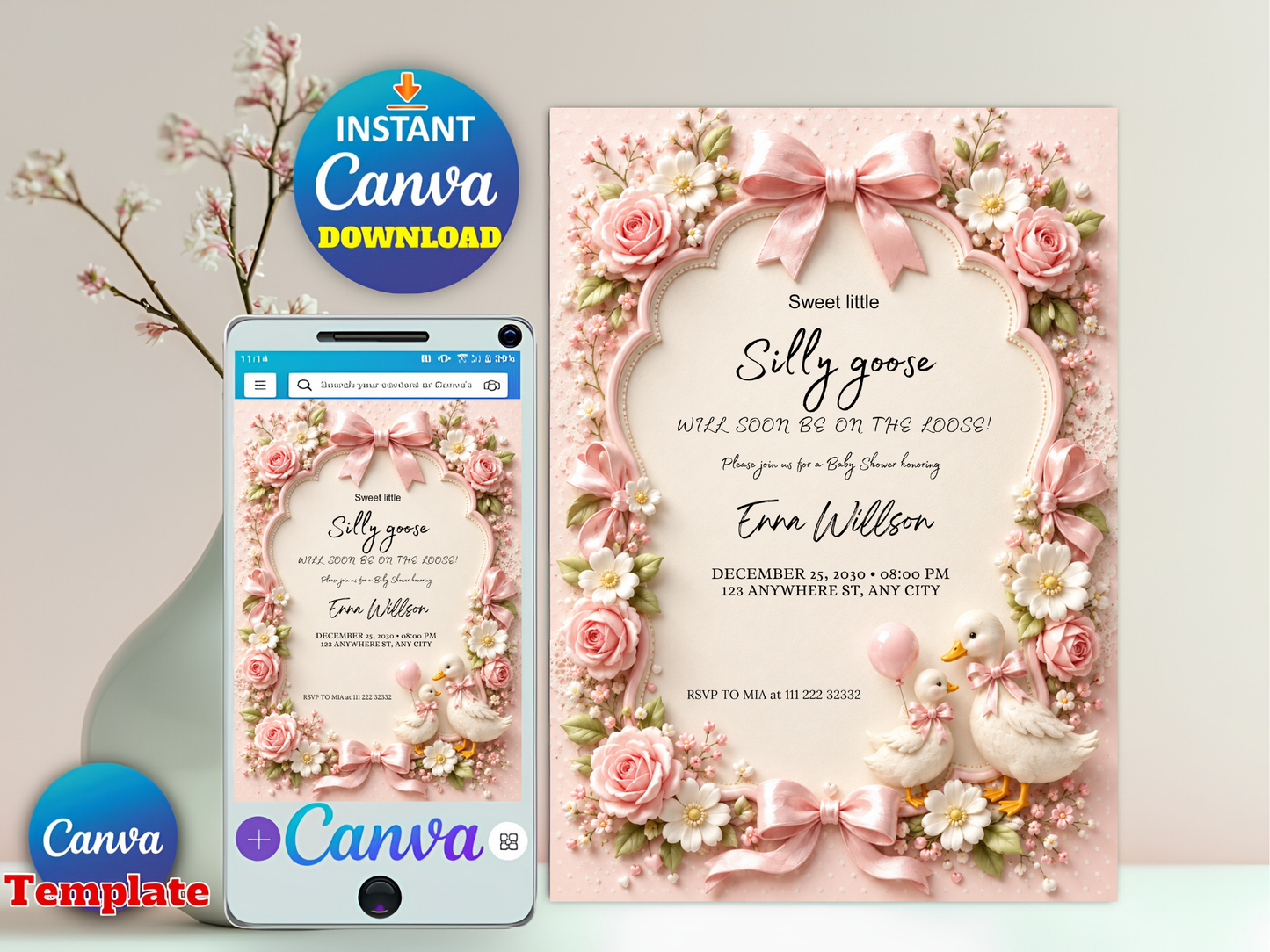 Silly Goose Girl Baby Shower Invitation: Coquette Pink Bow Goose Digital Download (5"x7" Editable Template)