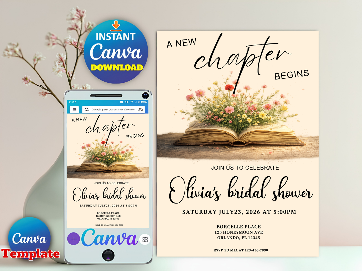 A New Chapter Bridal Shower Invite Set, Book Themed Bachelorette Party, Editable in Canva
