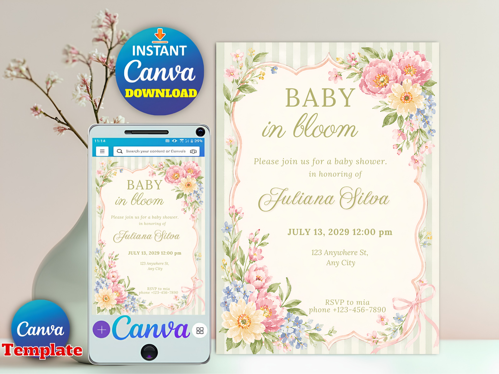 Baby in bloom shower invitation instant Canva download with phone mockup