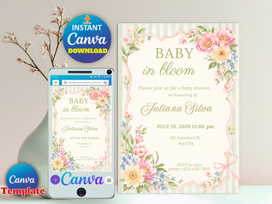 Baby in bloom shower invitation instant Canva download with phone mockup