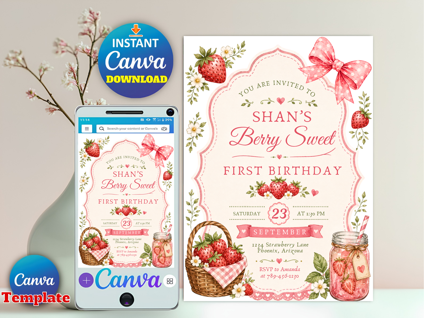 Berry Sweet First Birthday Invitation Template, Strawberry Editable Invite, Girl 1st Birthday Canva Template, Instant Download