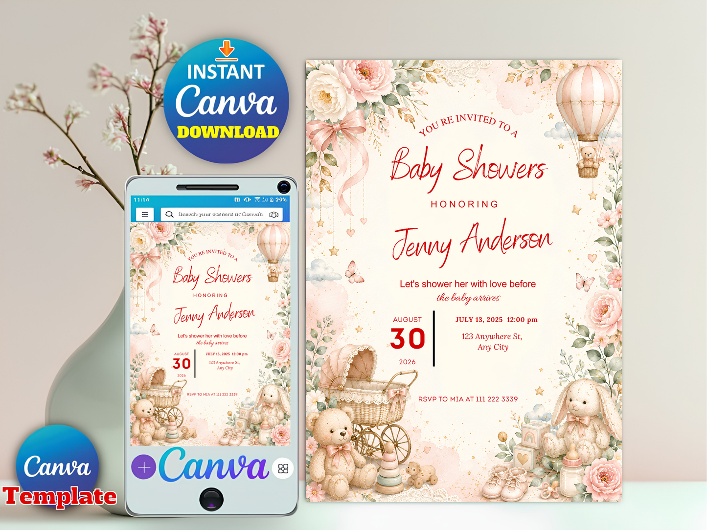Sage Green Teddy Bear Invite, Baby Shower Invitation Template, Canva Card (Digital Download)