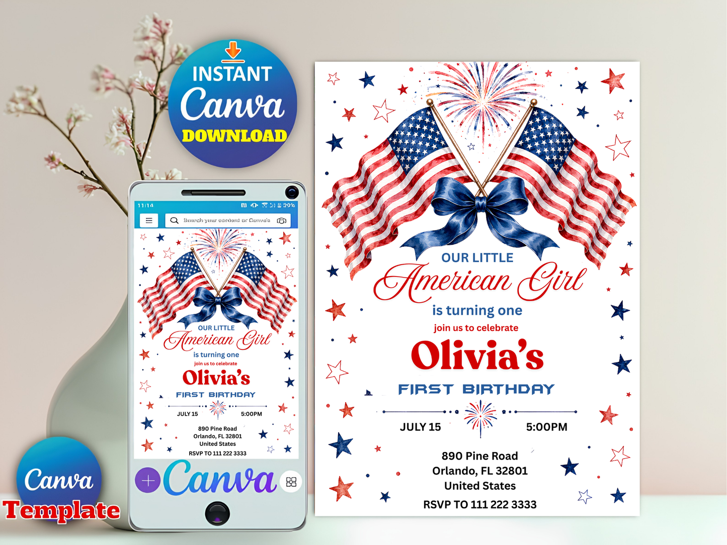 Our Little American Girl 1st Birthday Invitation Template | Editable Canva Patriotic Party Invite 🇺🇸