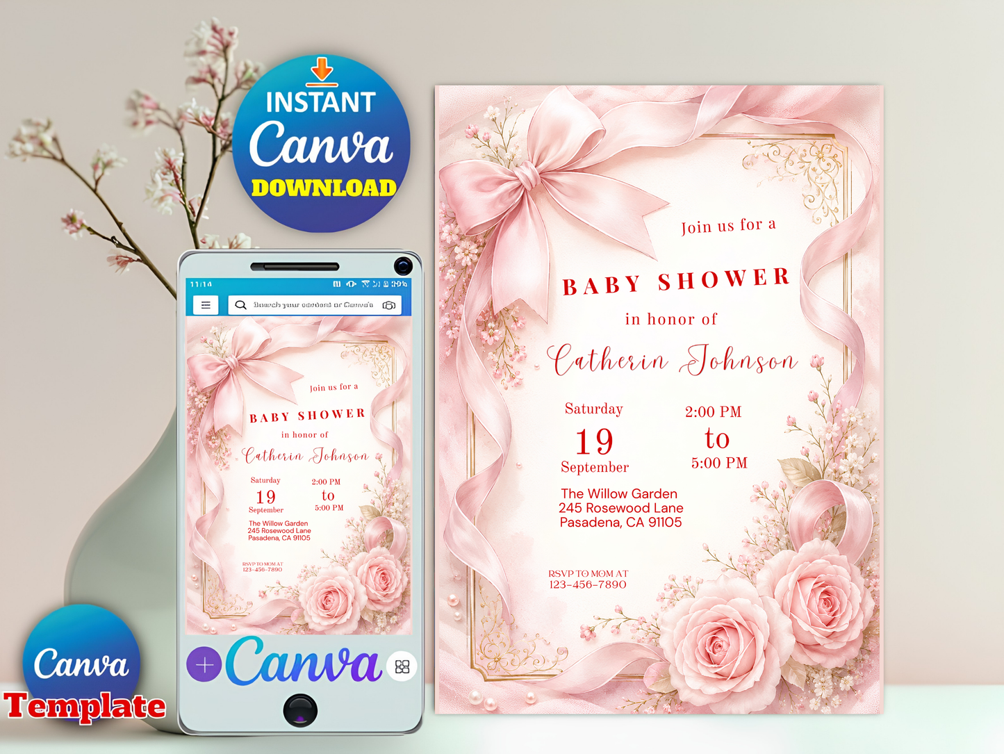 Blush Pink Bow Baby Shower Invitation Template Baby Girl Shower Canva Template Elegant Pink Coquette Baby Shower Invitation Instant Download