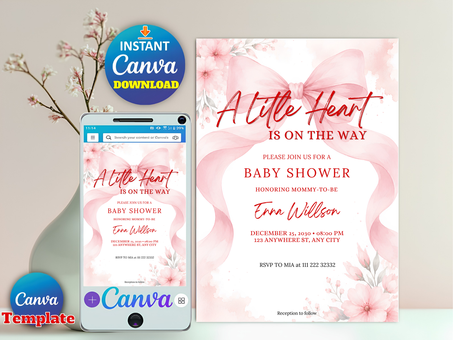 Pink Bow Baby Shower Invitation Template 5x7 | Baby Girl Shower Canva Invite Coquette Bow Baby Shower | Editable Text Only Instant Download
