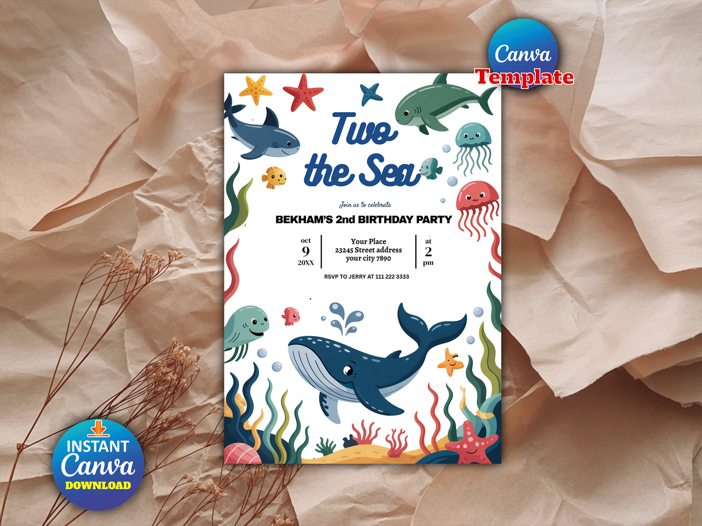 Editable Two the Sea 2nd Birthday Party Invitation Under The Sea 2nd Birthday Whale Shark Sea Life Party Instant Download Editable