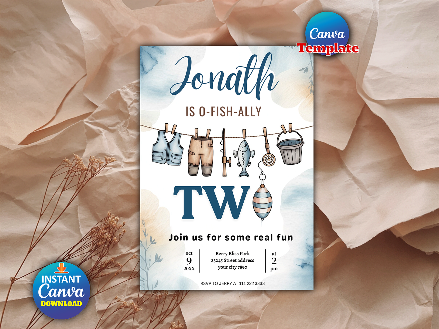 Editable Fishing 2nd Birthday Party Invitation O-Fish-Ally Two Boy 2nd Birthday Fisherman Party Gone Fishing Party Instant Download