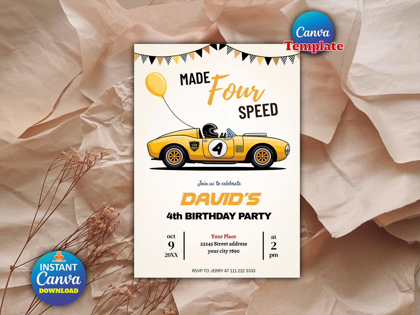 Editable Made Four Speed Race Car 4th Birthday Invitation Boy Vintage Yellow Race Car 4th Birthday Party Made 4 Speed Instant Download