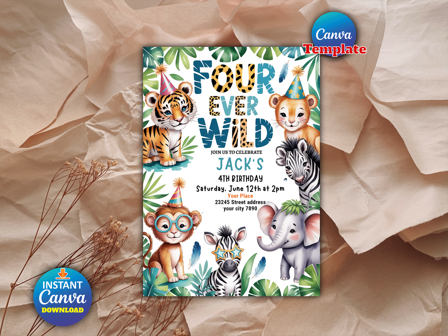 Editable Four Ever Wild Safari Animals Birthday Invitation Boy Tropical Cheetah Print Leopard Print Wild Safari Animals Party Download