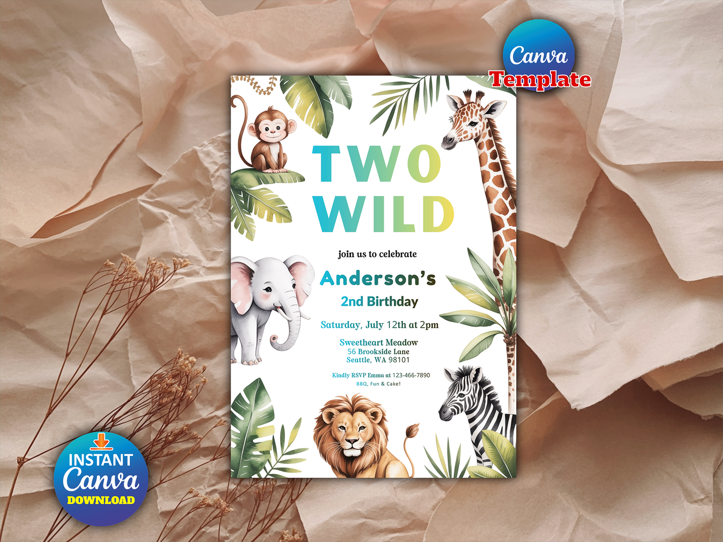 Two Wild Birthday Invitation Jungle Safari Animals Invitation Gold Safari Two Wild 2nd Birthday Party Instant Download Editable PDF File