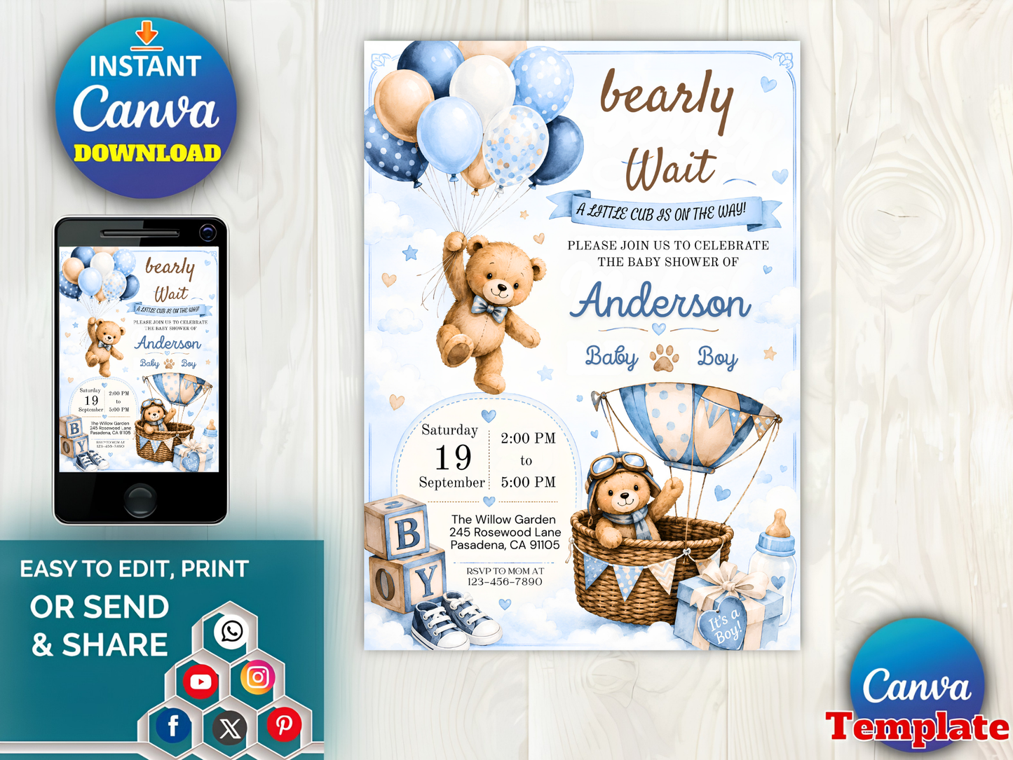 Editable Bear Baby Shower Invitation | We Can Bearly Wait Boy Party (Digital Download)