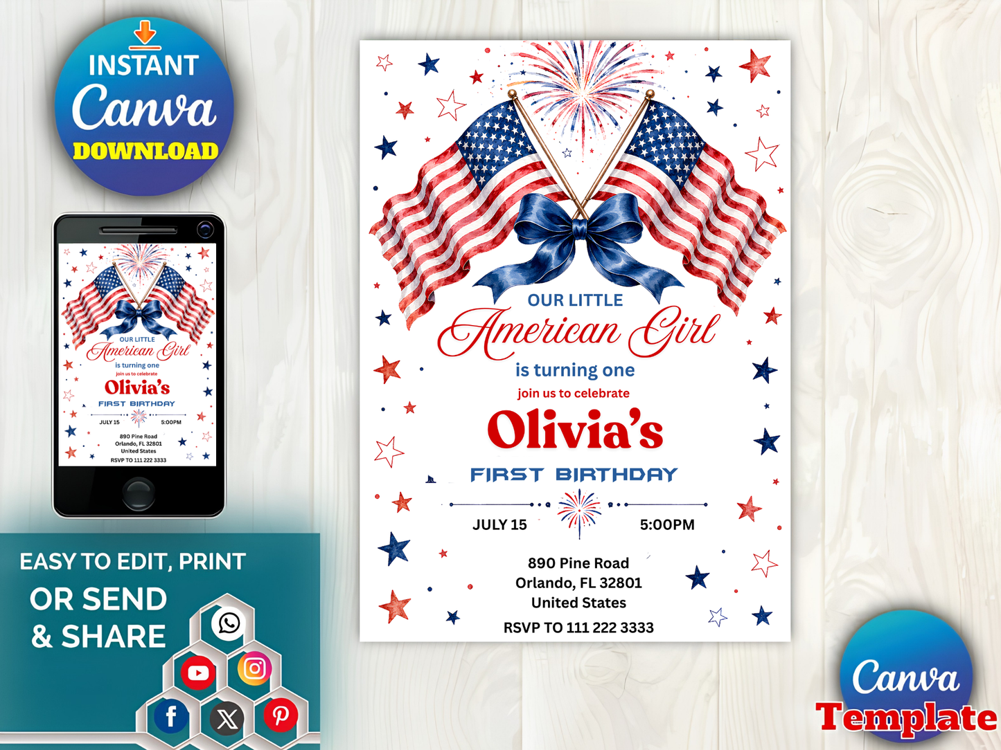 Our Little American Girl 1st Birthday Invitation Template | Editable Canva Patriotic Party Invite 🇺🇸