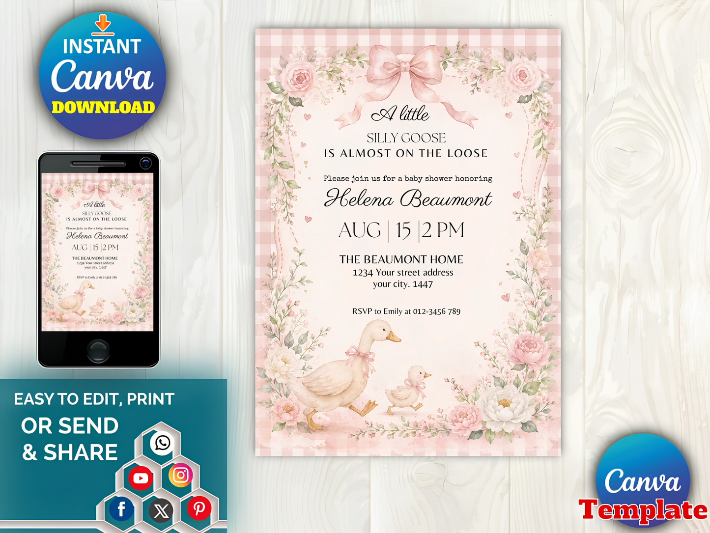 Silly Goose Baby Shower Invitation Template, Pink Gingham Girl Baby Shower Invite, Silly Goose Invite, Digital Invitation, Canva