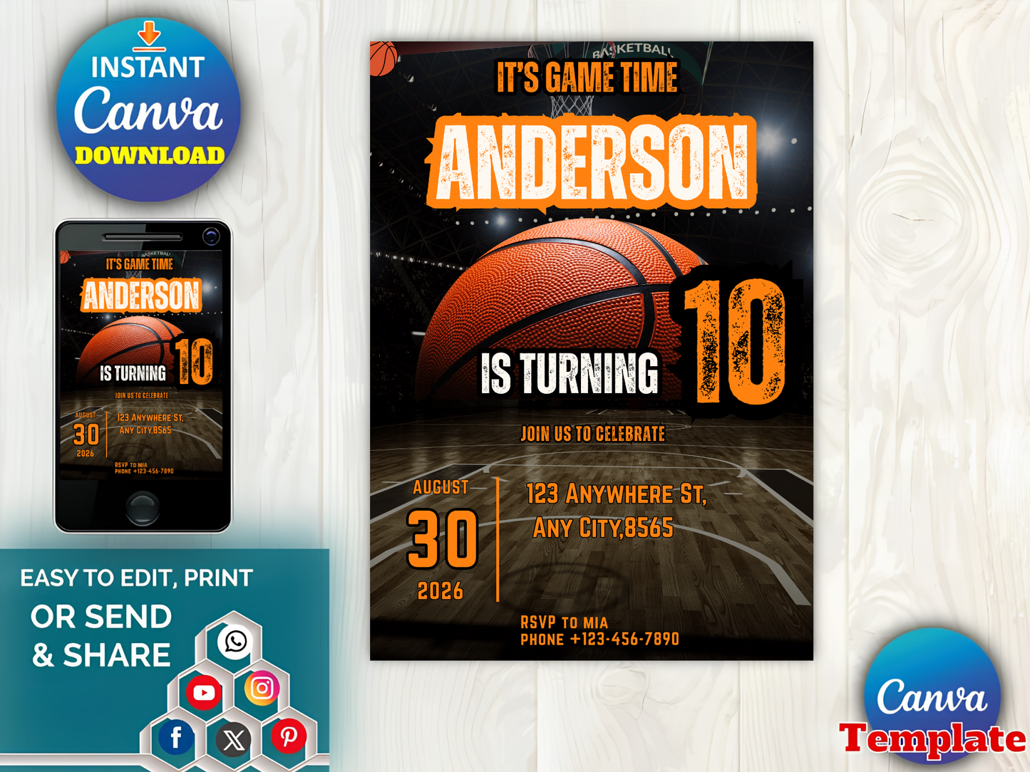 Basketball Birthday Invitation Template, Game Time Editable Invite, Boy Birthday Party Canva Template, Sports Birthday, Instant Download