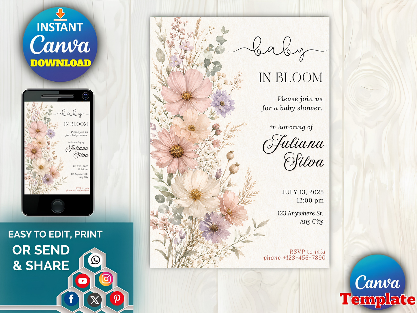 Baby in Bloom Invitation, Wildflowers Baby Shower Invitation, Purple Pink Flower Invitation,Wild Flower Invite, Floral Baby Brunch Invite