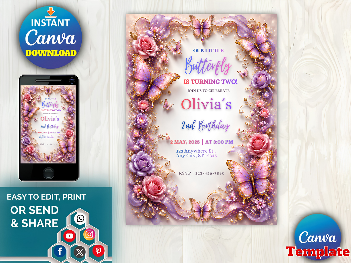 A digital invitation template preview for a butterfly-themed second birthday party, shown on a phone mockup and as a larger card design. The design features purple and pink butterflies, roses, and floral elements with gold glitter accents.