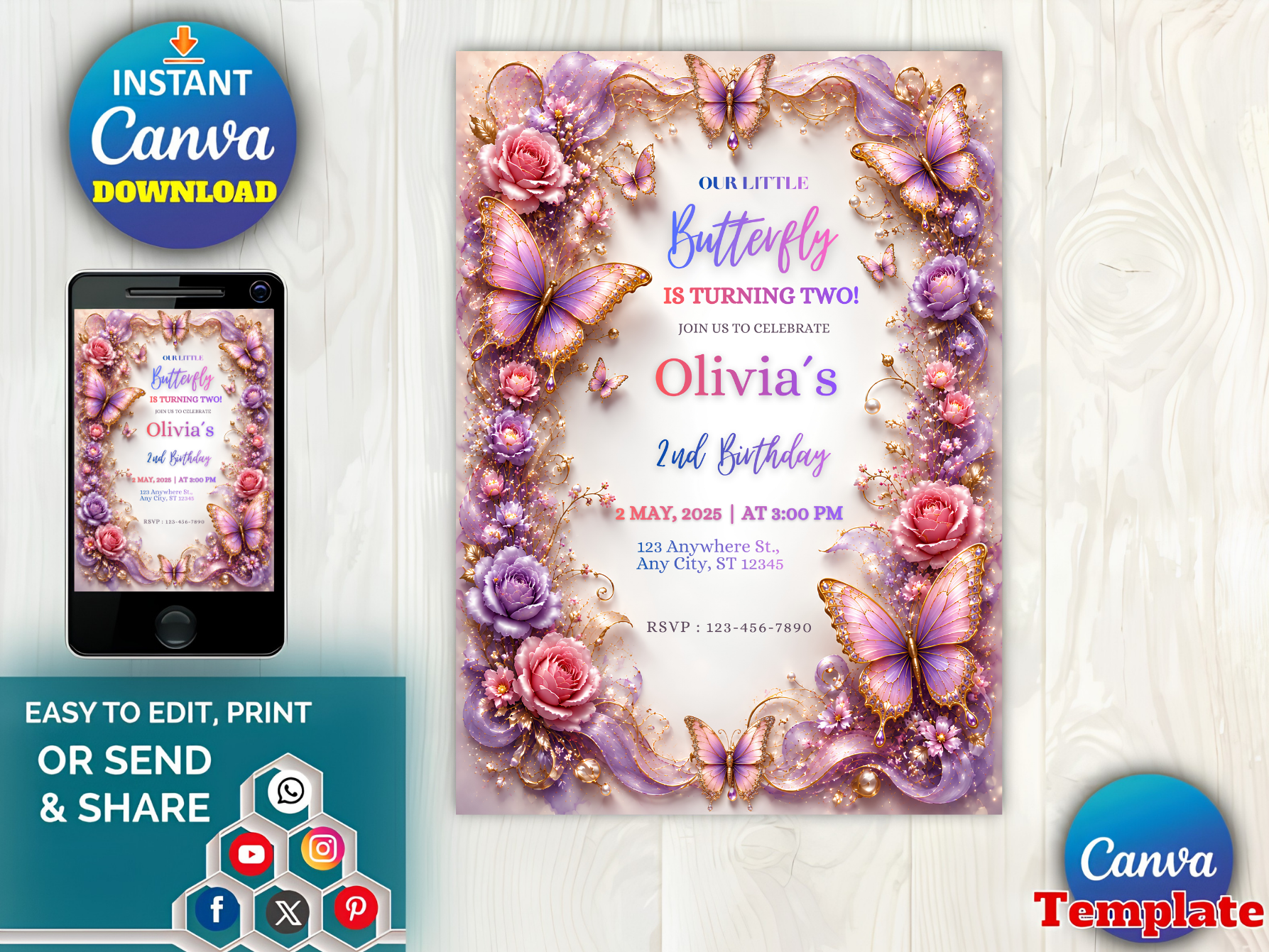 A digital invitation template preview for a butterfly-themed second birthday party, shown on a phone mockup and as a larger card design. The design features purple and pink butterflies, roses, and floral elements with gold glitter accents.